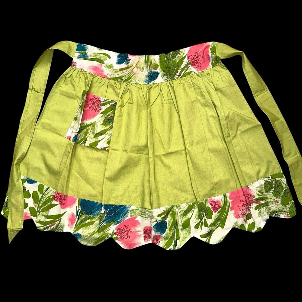 Vintage Lime Green Floral‎ Half Apron Scalloped Hem Retro Kitchen Pocket Pink